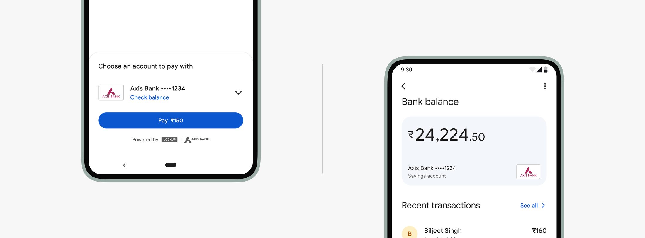 Check Balance in the Google Pay payment sheet, and the dedicated bank-balance screen