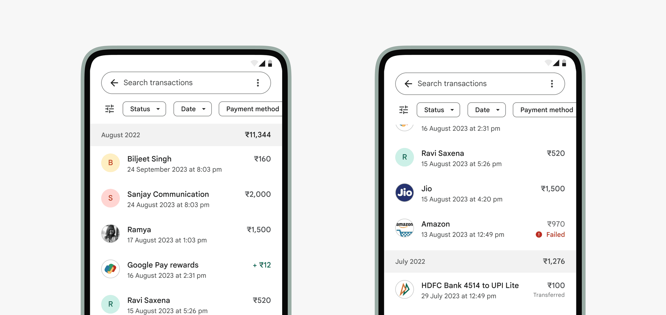 Transaction history page before redesign