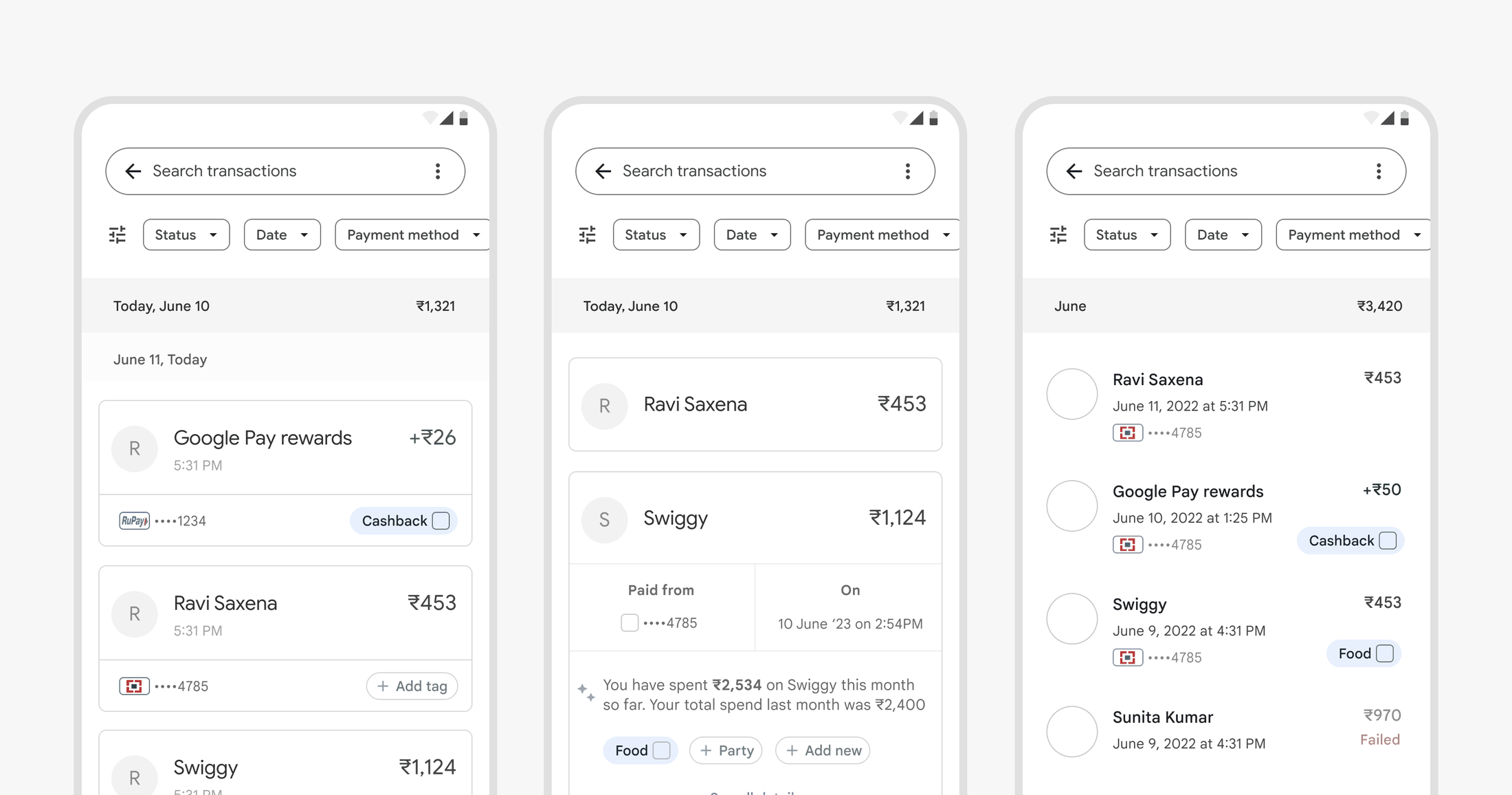 Sacrificial wireframes exploring different information density on the transaction list item