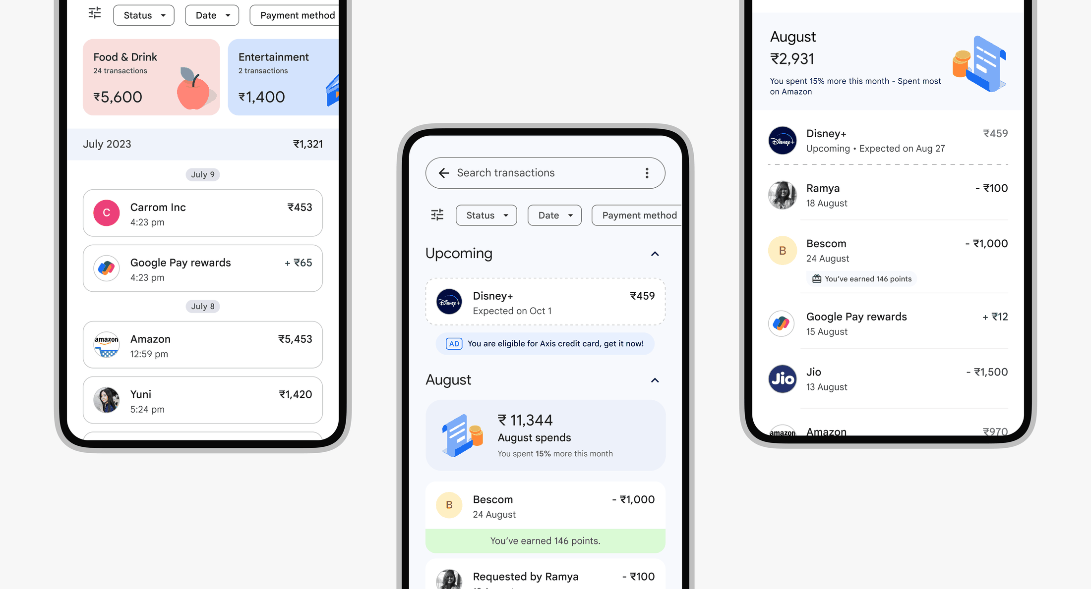 Explorations of the transaction history page with spending insights and scheduled payments