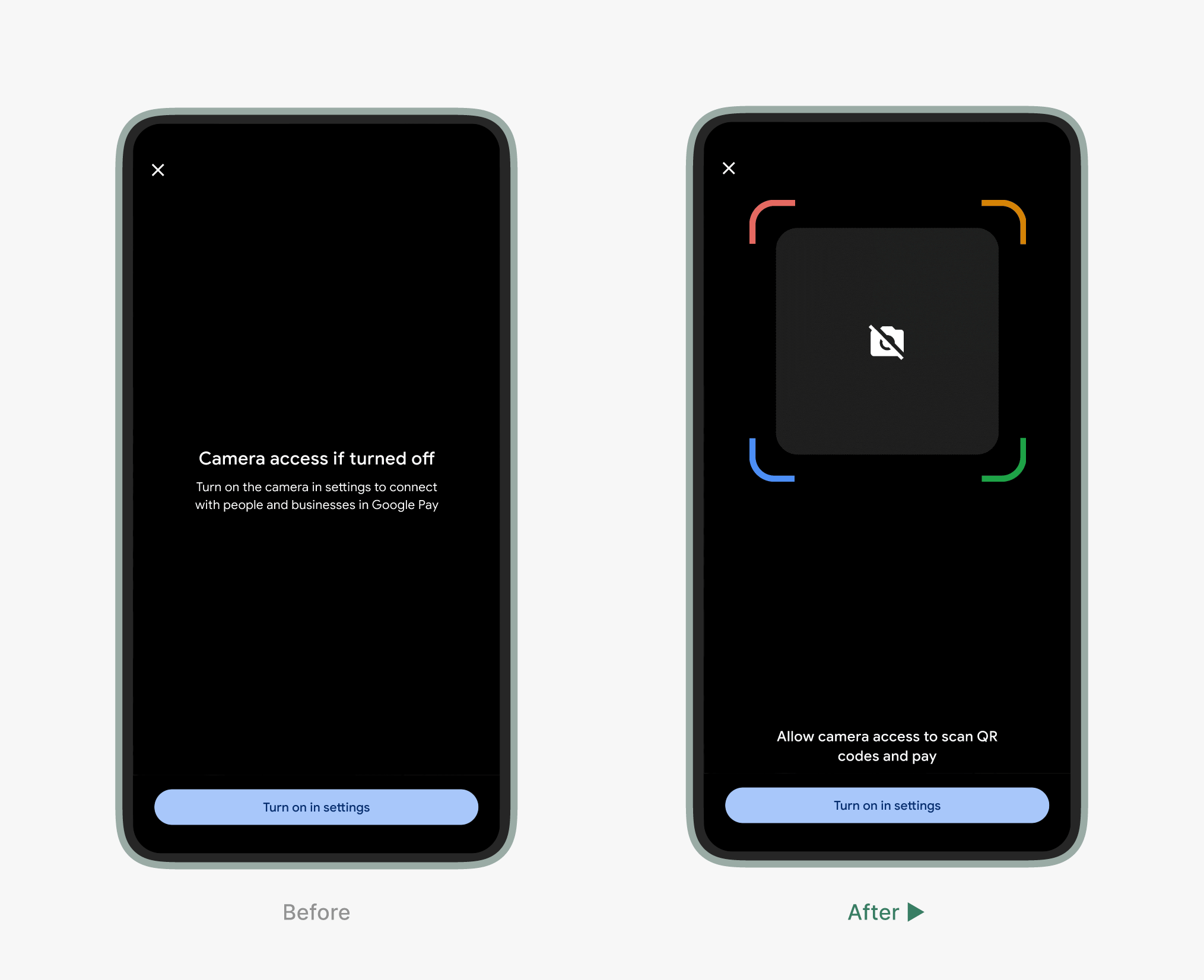 Redesigned camera permission screen illustrating a typical QR scan scenario