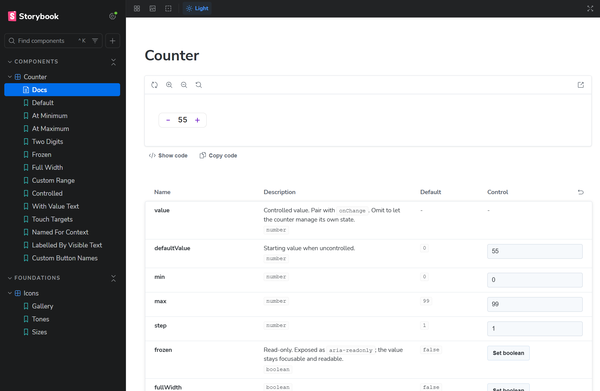 Storybook docs for the Counter component: a live preview above a table of its props, defaults and controls