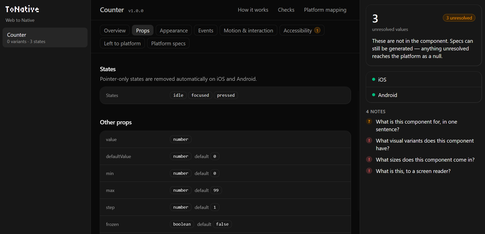 The ToNative tool showing the Counter component’s contract: its states and props, with unresolved values and notes flagged for iOS and Android