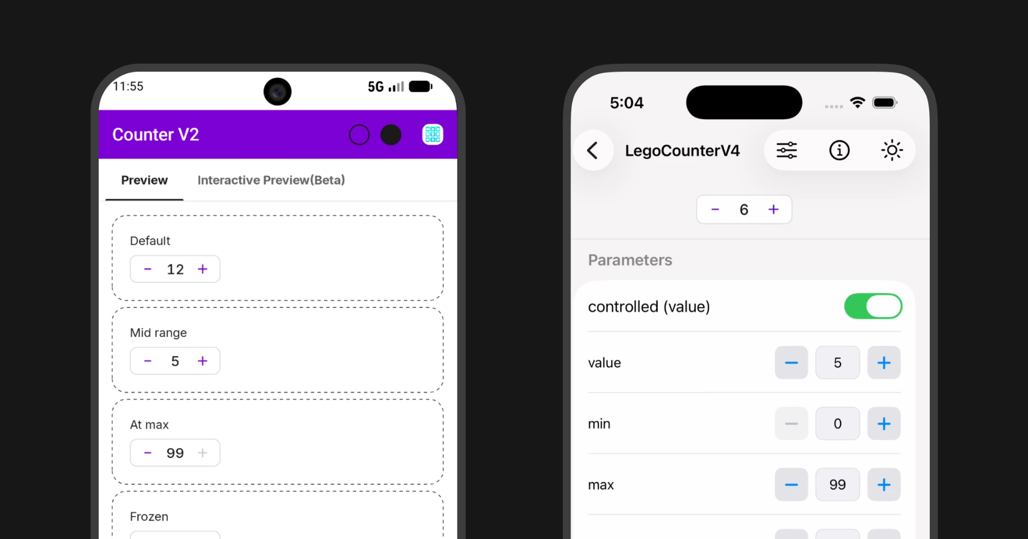 The Counter component built natively: a Jetpack Compose preview on Android beside a SwiftUI preview with editable parameters on iOS