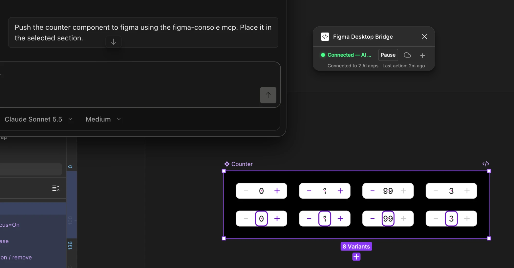 A prompt pushing the Counter component to Figma through figma-console mcp, and the resulting Counter component set with 8 variants on the canvas