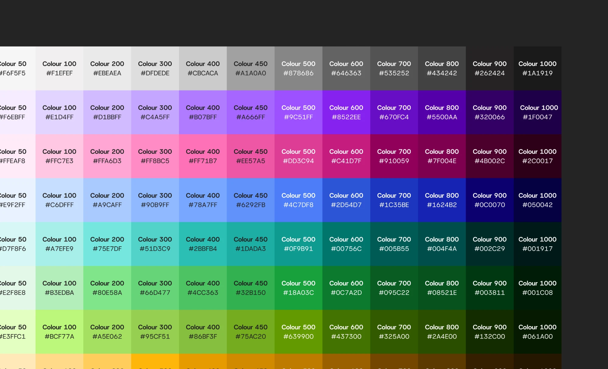 The new color palette: rows of hues — neutral, purple, pink, blue, teal, green, lime and yellow — each in steps from 50 to 1000 with their hex values